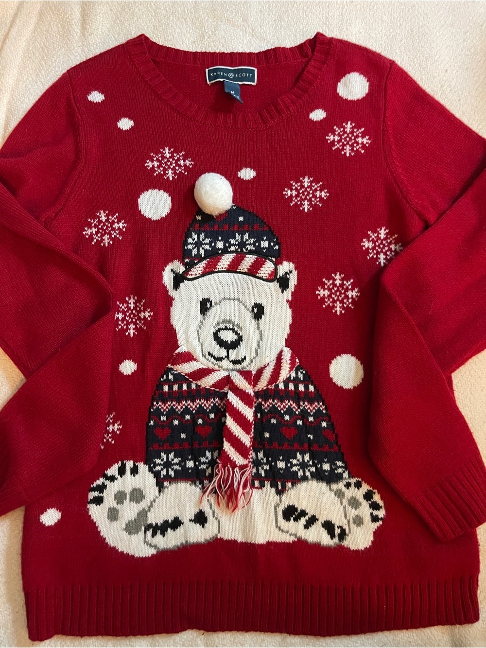 Karen Scott Red Polar Bear Holiday Crewneck Sweater